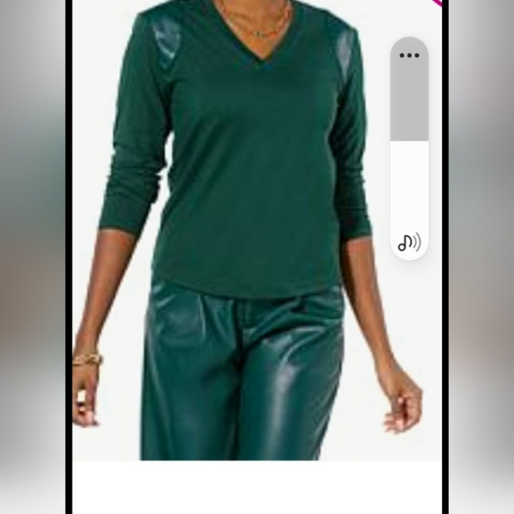 Green V-Neck Long Sleeve Top Faux Leather Shoulder L